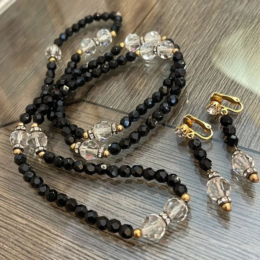 Vintage Black & Clear Cut Crystal Necklace & Clip Earrings